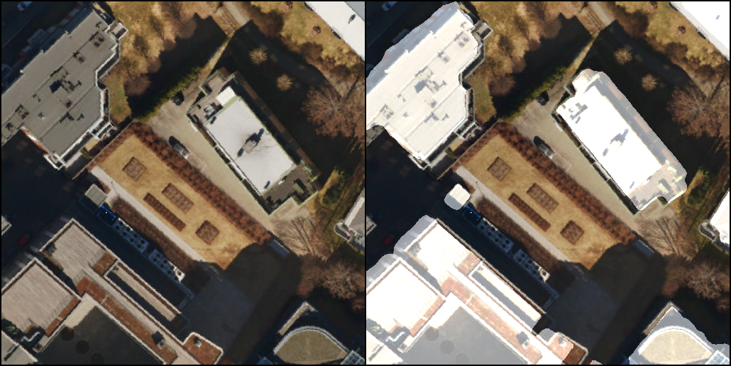 Example of Semantic images segmentation where buildings have been segmented(white).